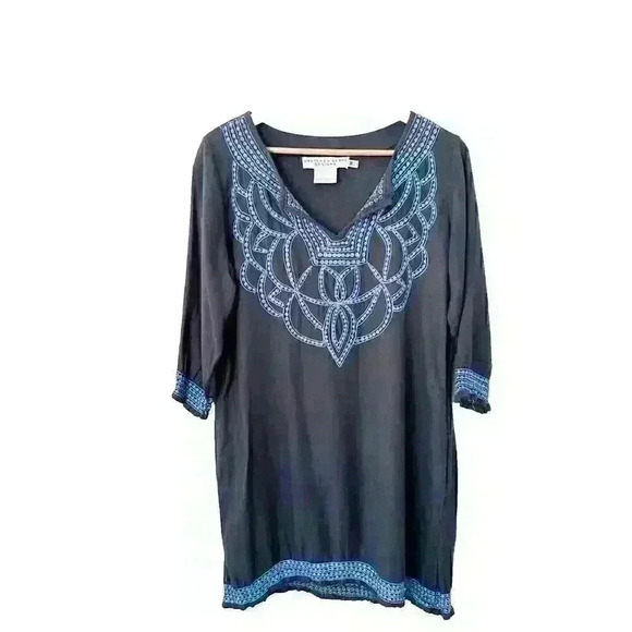 Gretchen Scott Womens M Blue Embroidered 3/4 Sleeve V-Neck Tunic Dress Resort - Picture 1 of 9